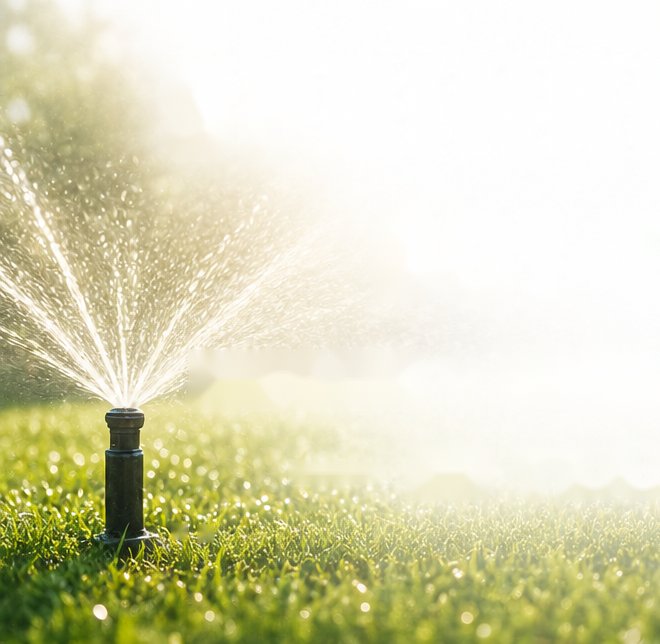 Pop-up sprinkler watering a dewy green lawn in morning light